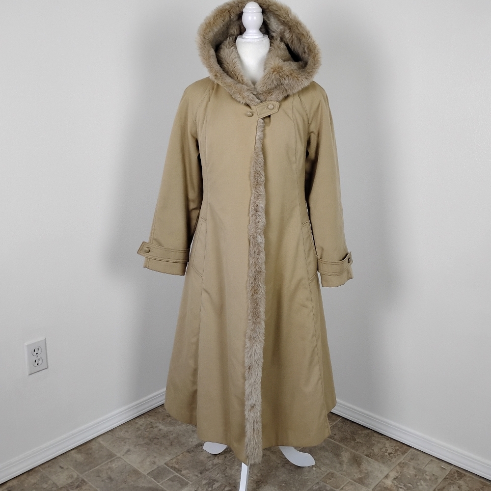Bonders Coat Calendar Cloth Hooded Faux Fur Lined Belted Long Beige Women's S?
